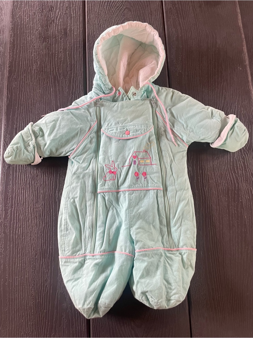Vintage Kids Green Hooded Snowsuit with Embroidery fits 6-12 months 90’s suit